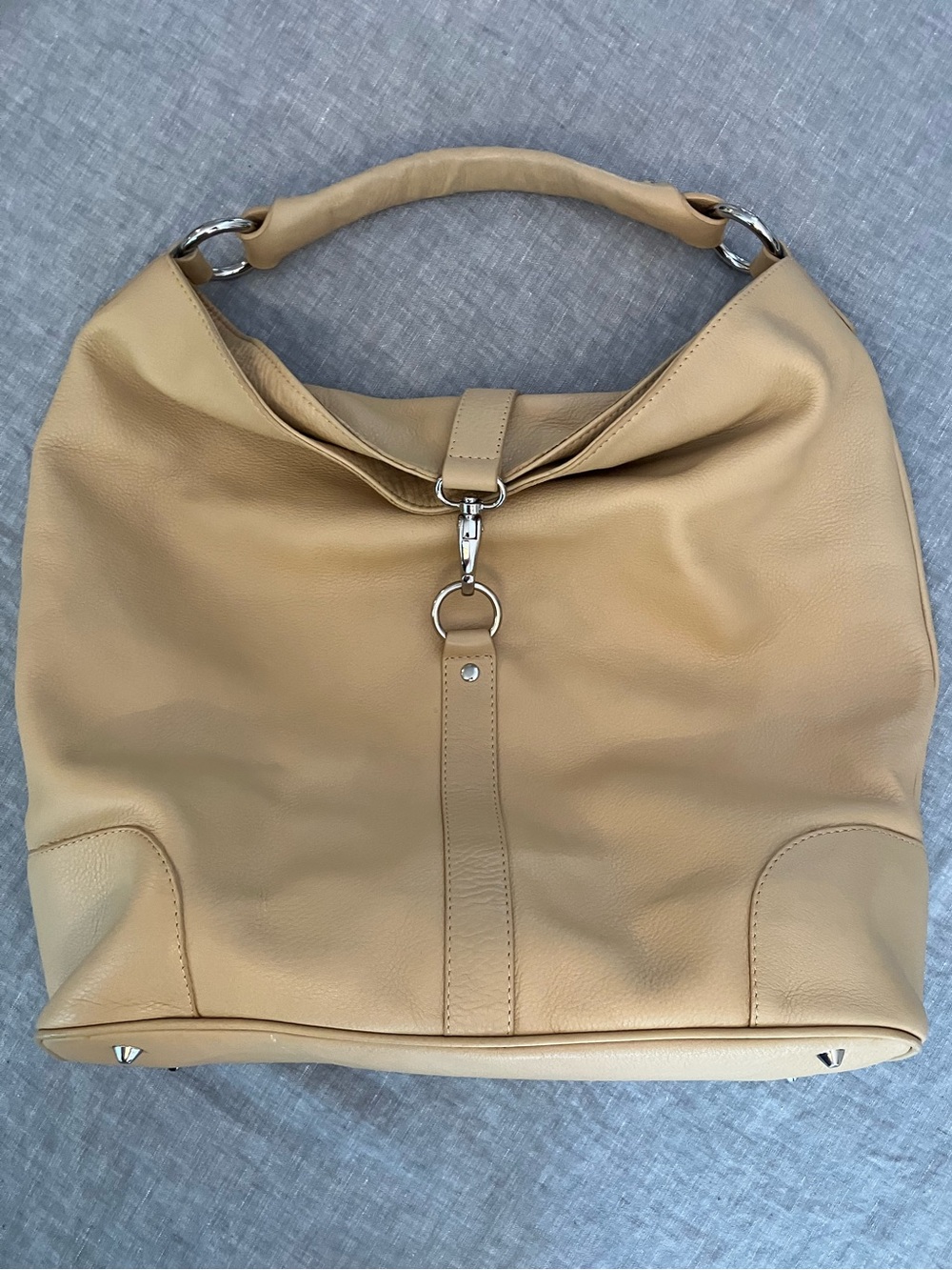 Bloomingdale’s Tan Tote Bag with silver-tone clasp